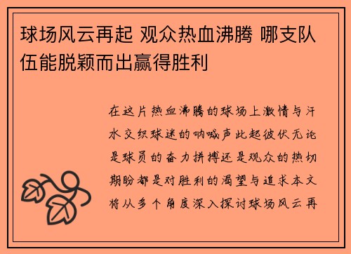 球场风云再起 观众热血沸腾 哪支队伍能脱颖而出赢得胜利