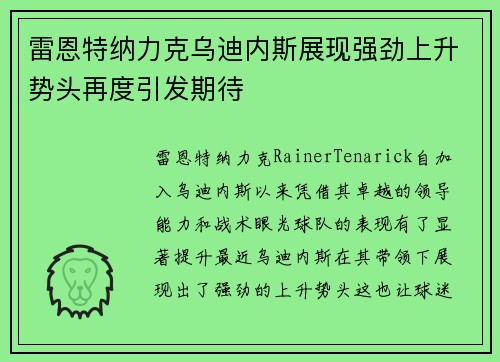 雷恩特纳力克乌迪内斯展现强劲上升势头再度引发期待